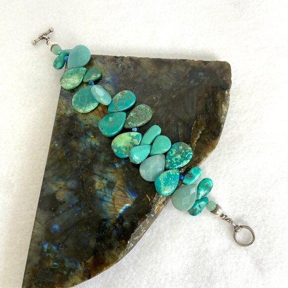 Sterling Silver 925 Teardrop Turquoise Aventurine & Sodalite Beaded Bracelet  7" - Picture 4 of 16